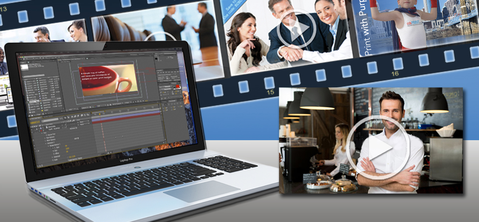 Picture of a laptop with video editing software with video images in the background, video creation, graphic design