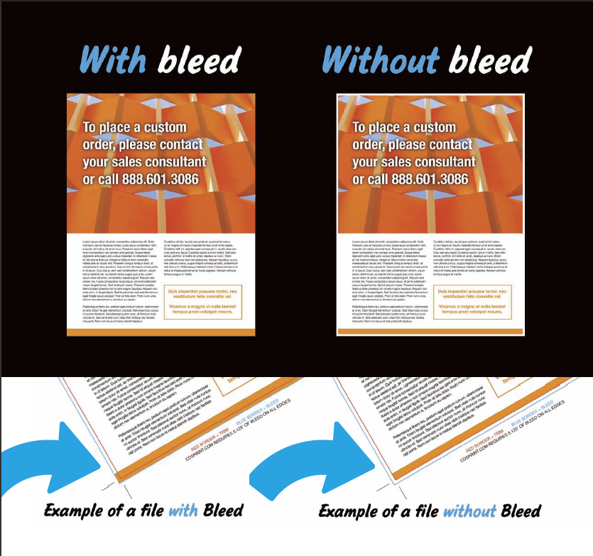 a pictured example of a bleed on a print file, print bleed, print without bleed